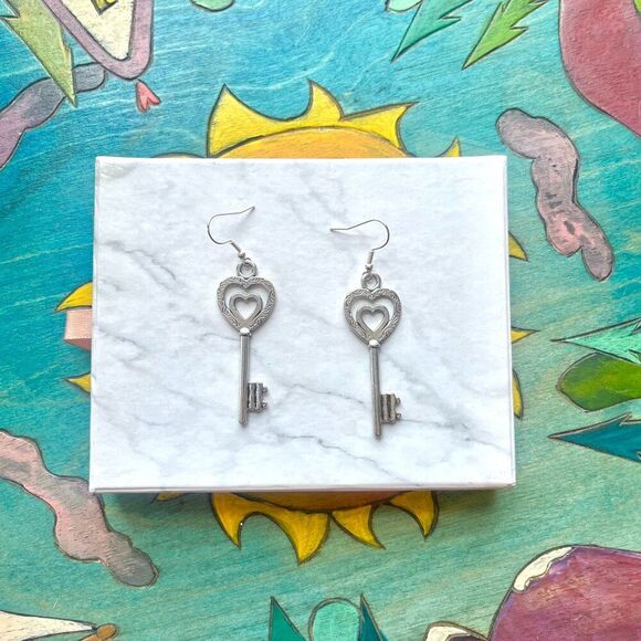 Silver Antique Skeleton Key with Heart Earrings - Picture 3 of 5